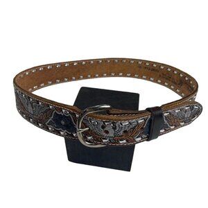 Vtg Men's Cowtown Eagle Western Hand Tooled Painted Leather Belt "Bill" Sz  36